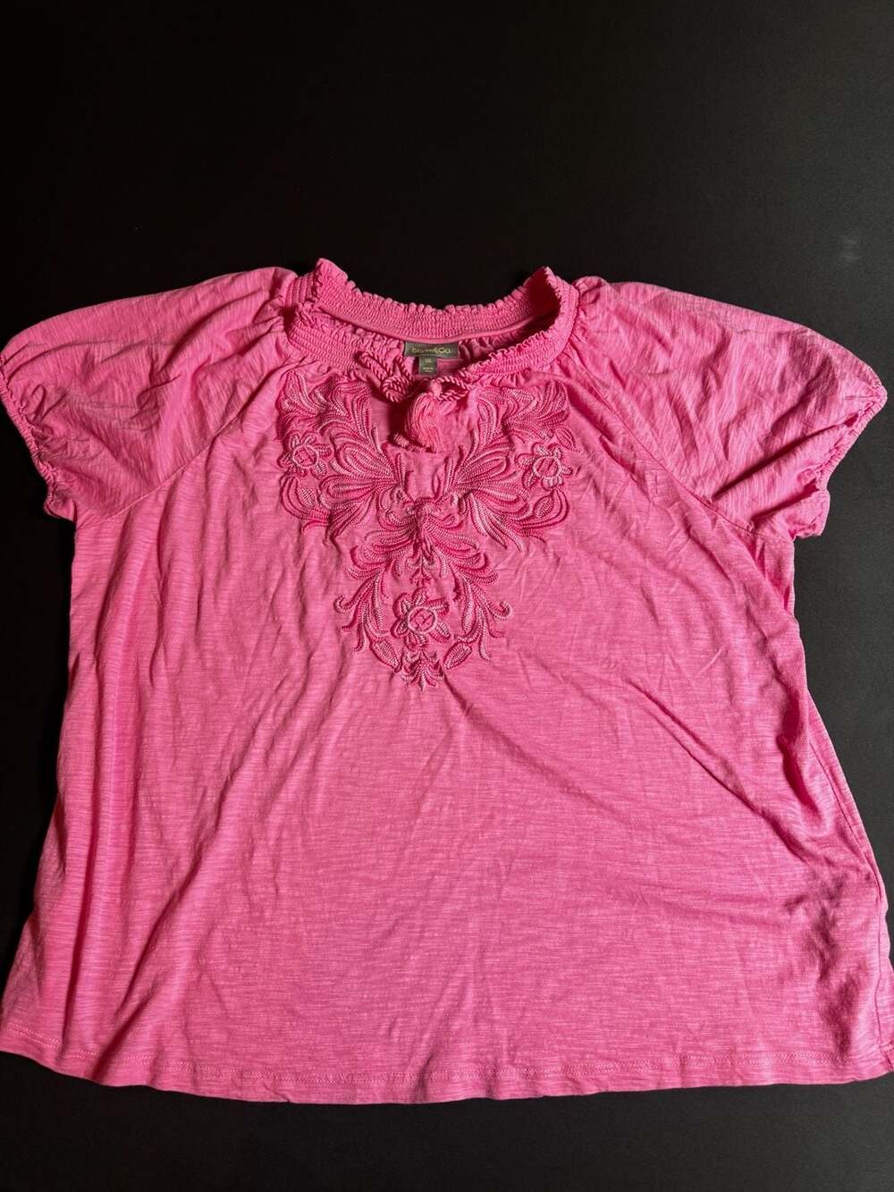 Style & Co. Pink Embroidered Smocked Neck T-Shirt XXL